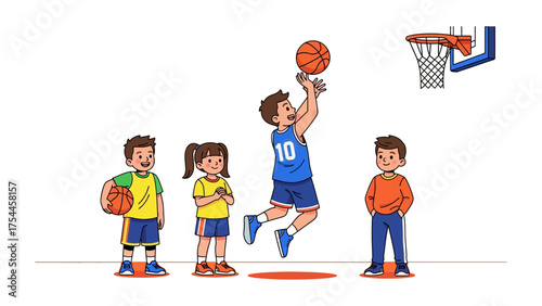 Basketball Play: A dynamic moment of teamwork unfolds on the court as players engage in an exciting basketball game. A skilled player prepares to shoot the ball towards the hoop.