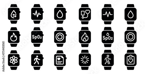 Smartwatch display filled icons set – flat, digital timekeeping symbols