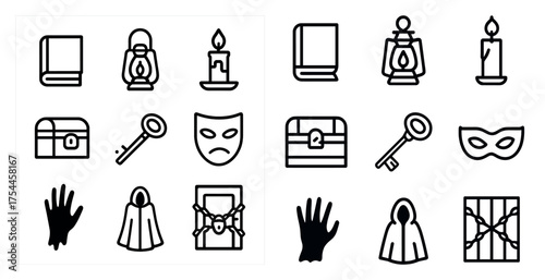 Mystery and secrets icons set – outline, linear, mystery, detective symbols