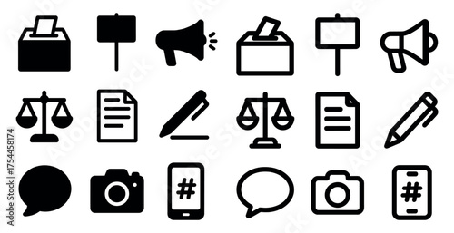 Communication and voting icons set – solid, filled, messaging and election symbols