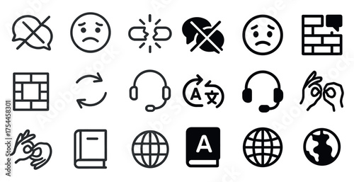 Communication and support icons set – outline, linear, interaction and translation symbols