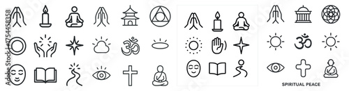 Spiritual and meditation line icons set – outline, linear, mindfulness symbols