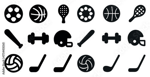 Sports and recreation solid icons set – filled, silhouette, fitness and games symbols