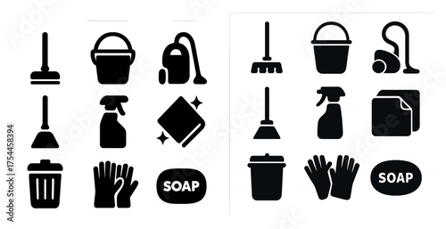Cleaning tools silhouette icons set – solid, filled, housekeeping and sanitation symbols