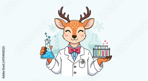 A cute cartoon deer character dressed as a scientist in a lab coat, holding a flask and a rack of colorful test tubes.