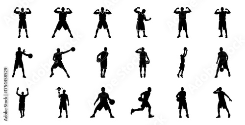 Basketball players in various poses silhouette action