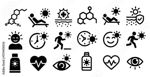 Healthcare and sun protection outline icons set – wellness, medical, safety symbols