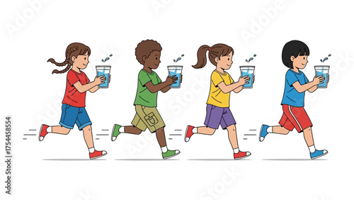Kids Running with Water: A group of children joyfully participate in a water carrying race, each child carefully balancing a glass of water while sprinting forward.