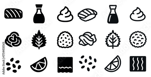 Japanese food solid icons set – filled, sushi, cuisine and dining symbols