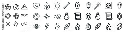 Mystical and spiritual icons set – outline, linear, magic and esoteric symbols