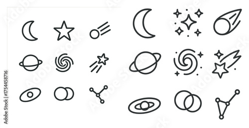 Outer space linear icons set – outline, celestial, galaxy symbols