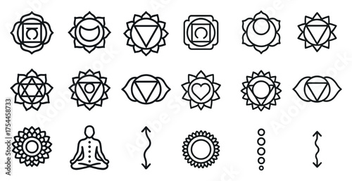 Chakra and meditation icons set – outline, line, spiritual and wellness symbols