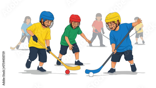 Youthful Hockey: Young athletes engaged in an exhilarating hockey game, showcasing the spirit of teamwork and active play. This illustration captures the vibrancy of youth, teamwork.