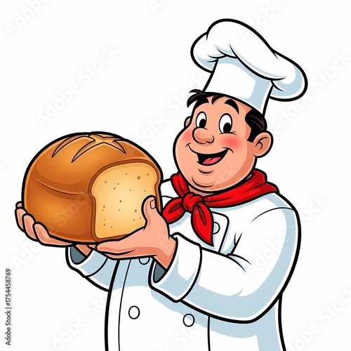 Cheerful cartoon baker holding fresh golden bread loaf, wearing white chef hat and red scarf, emphasizing bakery and culinary themes