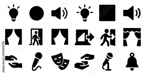 Entertainment solid icons set – silhouette, theater, stage performance symbols