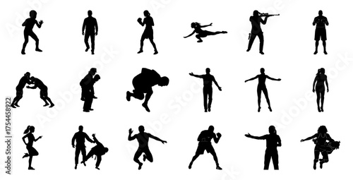 Diverse human figures in action poses silhouette people