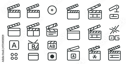 Film and media line icons set – outline, cinema, video production symbols