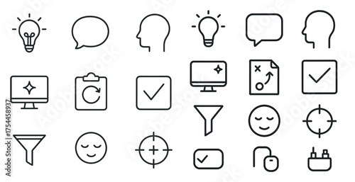 Communication and ideas line icons set – outline, flat, creativity and conversation symbols