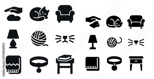Pet care solid icons set – silhouette, filled, animal and home symbols