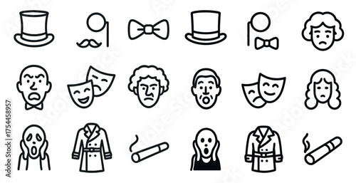 Theater and drama outline icons set – linear, silhouette, comedy and tragedy symbols