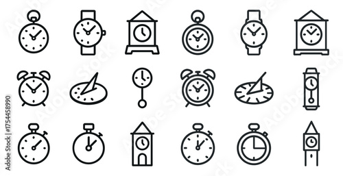 Clock and timer outline icons set – flat, linear, time management symbols