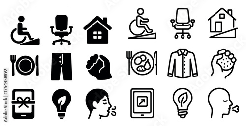 Accessibility and inclusion icons set – silhouette, filled, disability and assistive symbols
