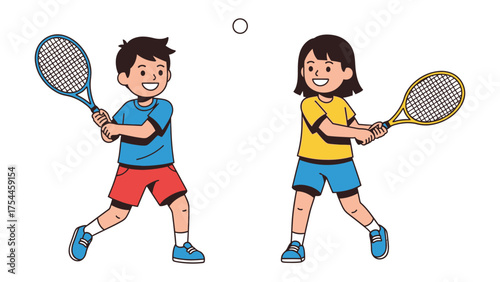 Tennis Duo: Capturing the energy and enthusiasm of two children engaged in a lively tennis match, showcasing teamwork and sportsmanship in a vibrant illustration.