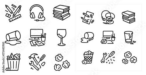 Office essentials outline icons set – linear, silhouette, workspace and productivity symbols