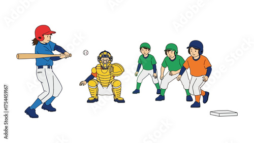 Baseball Game illustration: Dynamic scene depicting a youth baseball game, with a batter mid-swing, a catcher poised behind the plate, and fielders in anticipation.