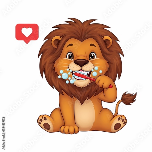 Cute cartoon lion brushing teeth with red toothbrush surrounded by social media icon illustration promoting children's dental hygiene habits