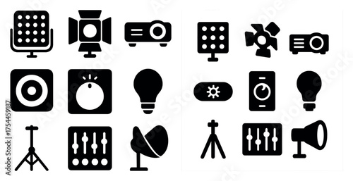 Music and audio solid icons set – flat, filled, sound and speaker symbols