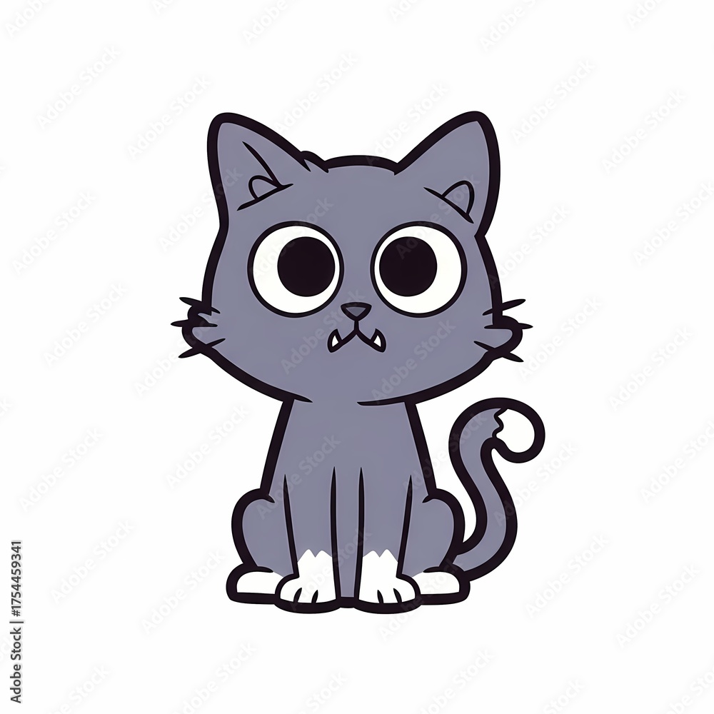 Obraz premium Cute cartoon illustration of a wide-eyed gray cat with white paws sitting against white background for playful design projects