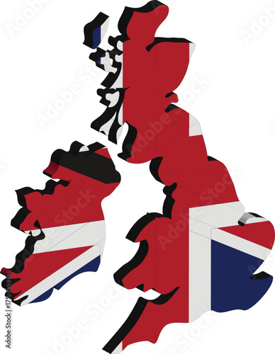 nited Kingdom Map with Flag 3D Vector. Great Britain, UK, England, Scotland, Wales, and Northern Ireland for Travel, Geography, or Patriotism Graphic.