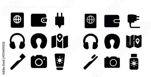 Travel essentials solid icons set – filled, silhouette, vacation and adventure symbols