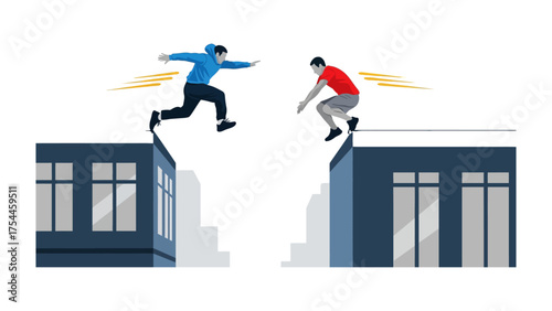 Urban Acrobatic Leap: Two figures, clad in vibrant attire, execute a daring parkour move, leaping between the rooftops of modern buildings, showcasing agility and urban athleticism.