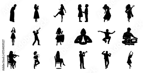 Diverse people performing music and dance silhouette
