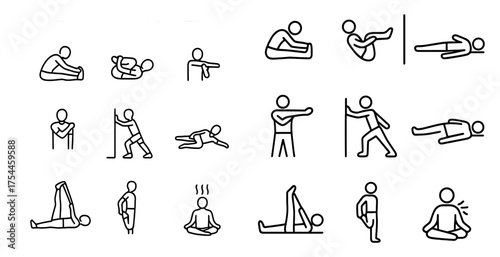 Exercise and stretching outline icons set – line, fitness, workout symbols