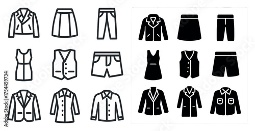 Clothing and fashion outline icons set – linear, apparel, wardrobe design symbols