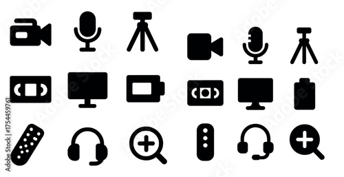 Media equipment solid icons set – silhouette, filled, broadcasting and audio symbols