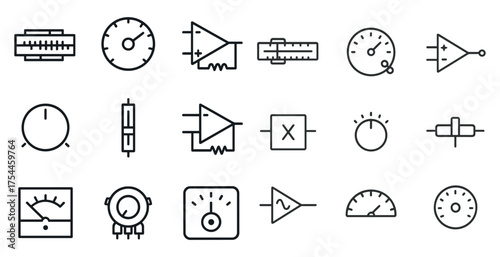 Electronic components outline icons set – linear, solid, circuit design symbols