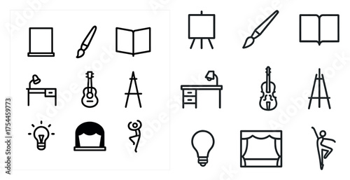 Art and creativity outline icons set – linear, sketch, artistic design elements