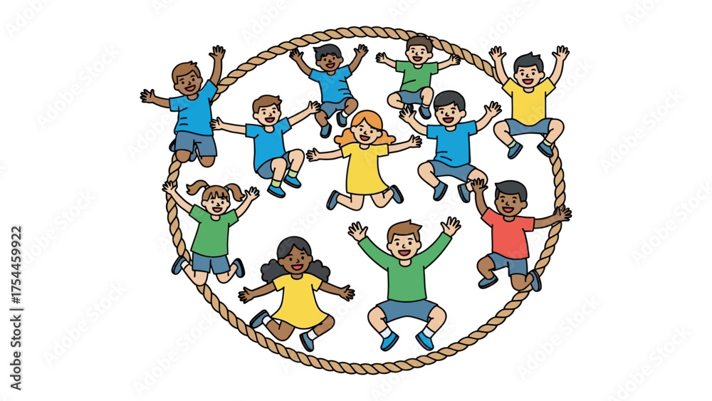 Naklejka premium Joyful Circle of Unity: A vibrant group of children, hands raised in cheerful celebration, forms a joyful circle, symbolizing unity, happiness, and the carefree spirit of childhood. 
