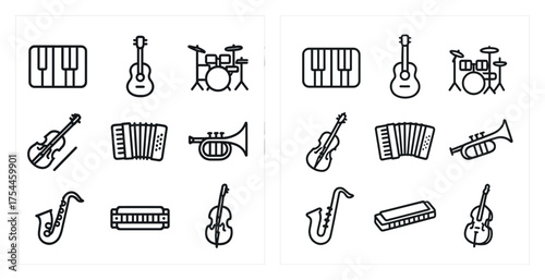 Music instruments line icons set – outline, linear, musical tools and symbols