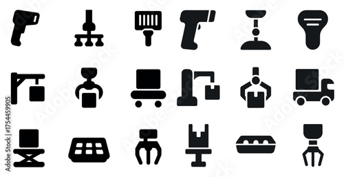 Manufacturing and robotics icons set – solid, filled, industrial symbols