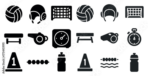 Sports and equipment solid icons set – silhouette, filled, training symbols