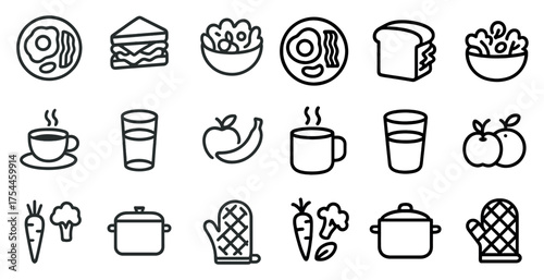 Food and drink line icons set – outline, culinary, kitchen essentials symbols