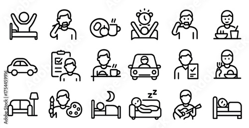 Daily routine outline icons set – linear, line, activity and lifestyle symbols