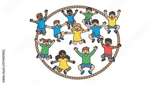 Joyful Circle of Unity: A vibrant group of children, hands raised in cheerful celebration, forms a joyful circle, symbolizing unity, happiness, and the carefree spirit of childhood. 