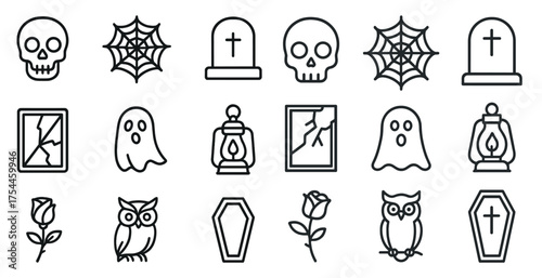 Halloween outline icons set – spooky, ghostly, eerie theme symbols