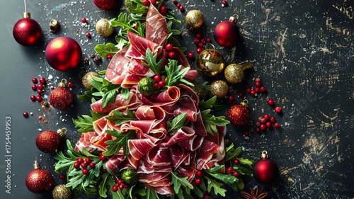 Festive charcuterie tree with holiday ornaments on dark rustic background